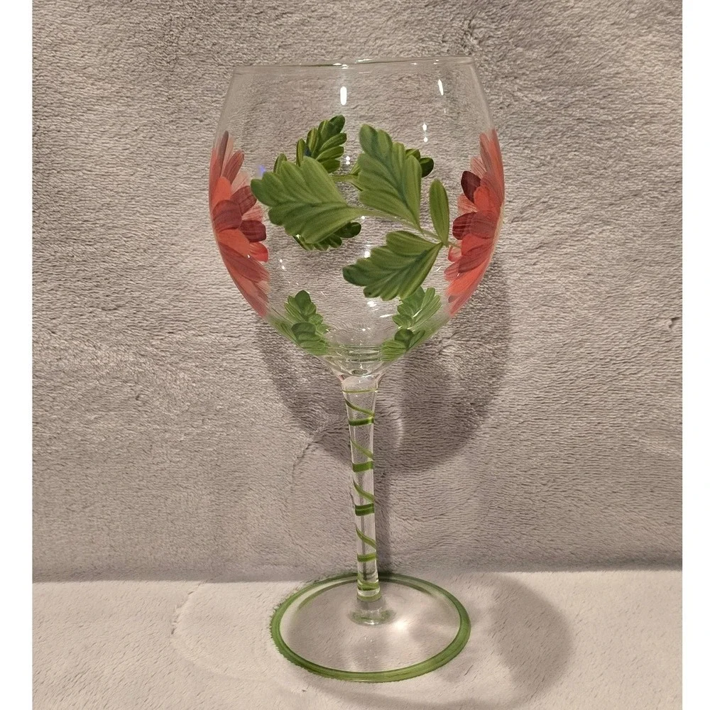 Hand Painted Floral Wine Glass Red Daisy Gerbera Flower Green Spiral Stem‎